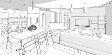 İç mutfak oturma odası 3D görüntü