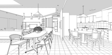 İç mutfak oturma odası 3D görüntü