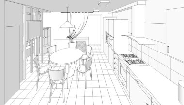 İç mutfak oturma odası 3D görüntü