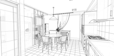 İç mutfak oturma odası 3D görüntü