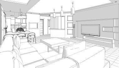 İç mutfak oturma odası 3D görüntü