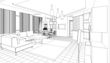 İç mutfak oturma odası 3D görüntü