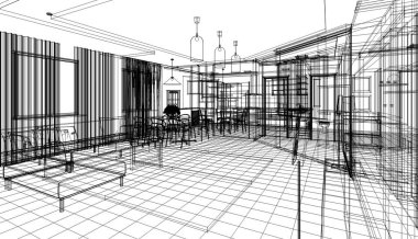 İç mutfak oturma odası 3D görüntü