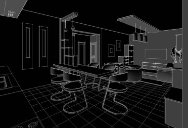  ev mimarisi taslak iç mutfak oturma odası 3D illüstrasyon