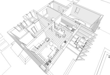  ev mimarisi taslak iç mutfak oturma odası 3D illüstrasyon