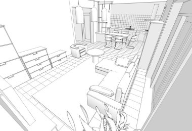  ev mimarisi taslak iç mutfak oturma odası 3D illüstrasyon