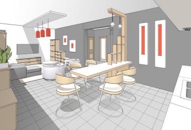  ev mimarisi taslak iç mutfak oturma odası 3D illüstrasyon