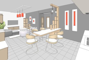  ev mimarisi taslak iç mutfak oturma odası 3D illüstrasyon