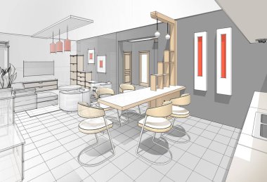  ev mimarisi taslak iç mutfak oturma odası 3D illüstrasyon