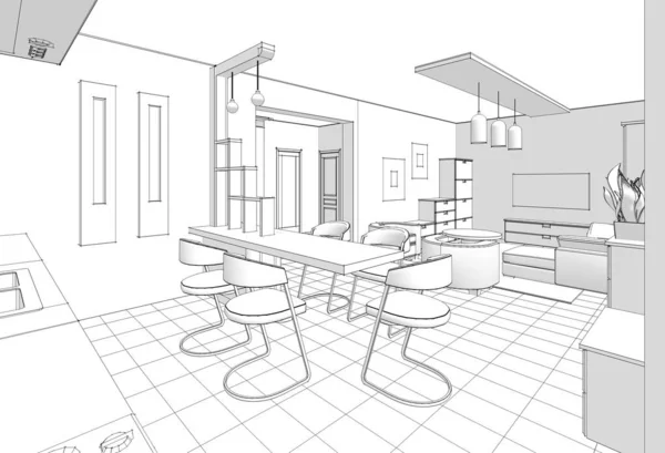 Maison Architecture Esquisse Cuisine Intérieure Salon Illustration — Photo