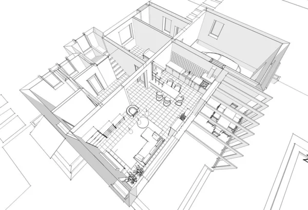 Dům Architektonický Náčrt Interiér Kuchyně Obývací Pokoj Ilustrace — Stock fotografie