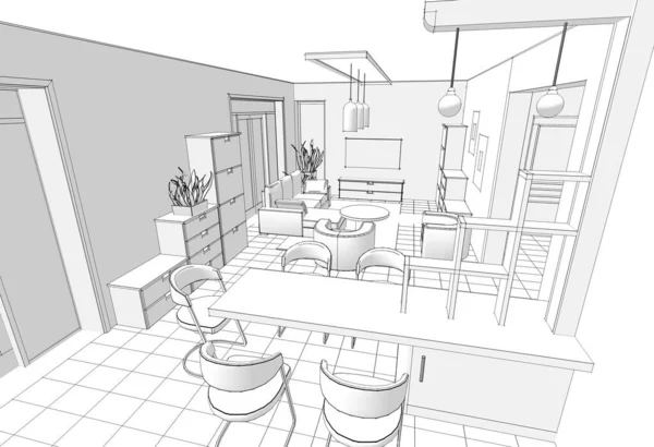 Casa Esboço Arquitetônico Interior Cozinha Sala Estar Ilustração — Fotografia de Stock