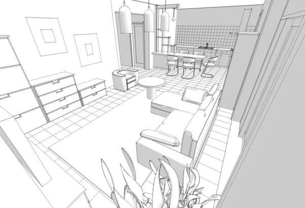 Haus Architektonische Skizze Innenraum Küche Wohnzimmer Illustration — Stockfoto