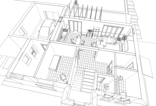 房屋建筑草图室内厨房客厅3D插图 — 图库照片