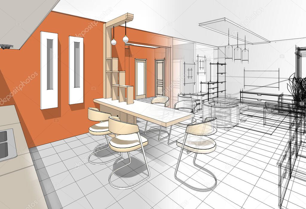  house architectural sketch interior kitchen living room 3d illustration