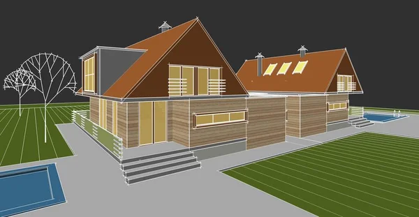 屋根裏部屋の3Dイラスト付きの家 — ストック写真