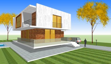 Modern ev çizimi 3d illüstrasyon