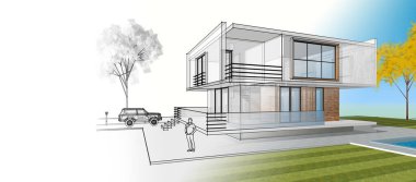 Modern ev çizimi 3d illüstrasyon