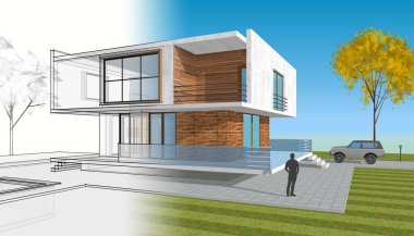 Modern ev çizimi 3d illüstrasyon