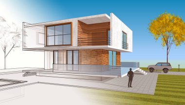 Modern ev çizimi 3d illüstrasyon