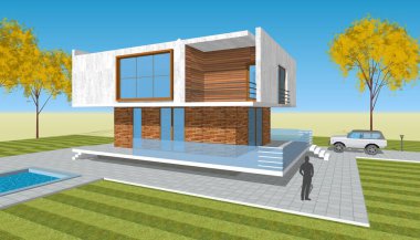 Modern ev çizimi 3d illüstrasyon