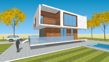 Modern ev çizimi 3d illüstrasyon