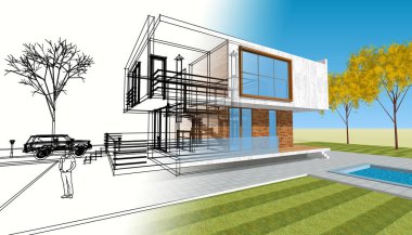 Modern ev çizimi 3d illüstrasyon