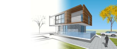 Modern ev çizimi 3d illüstrasyon