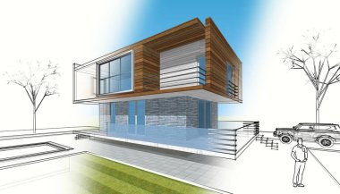 Modern ev çizimi 3d illüstrasyon