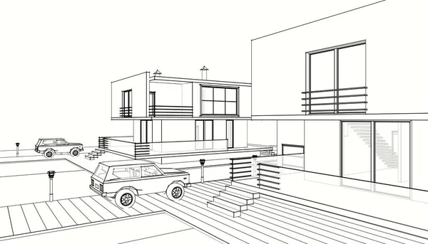 现代房屋的3D渲染 — 图库照片