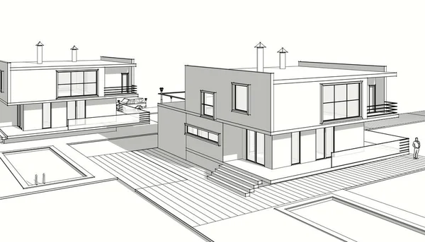 现代房屋的3D渲染 — 图库照片