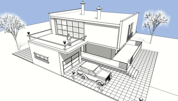 现代房屋的3D渲染 — 图库照片