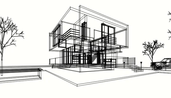 现代房屋的3D渲染 — 图库照片