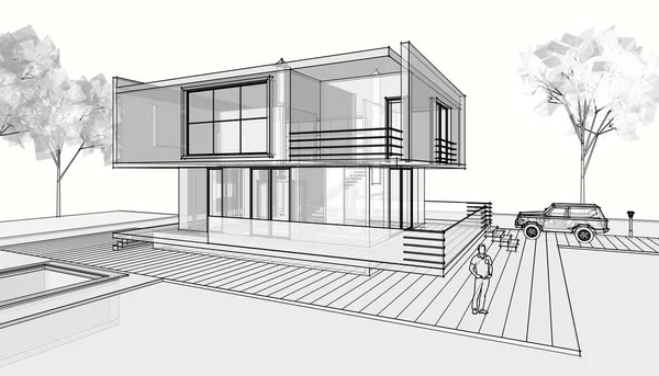 现代房屋草图3D插图 — 图库照片