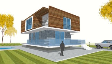 Modern ev çizimi 3d illüstrasyon