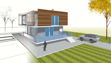 Modern ev çizimi 3d illüstrasyon