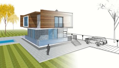 Modern ev çizimi 3d illüstrasyon