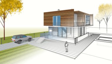 Modern ev çizimi 3d illüstrasyon