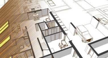 ev mimarisi projesi çizimi 3d illüstrasyon