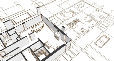 ev mimarisi projesi çizimi 3d illüstrasyon