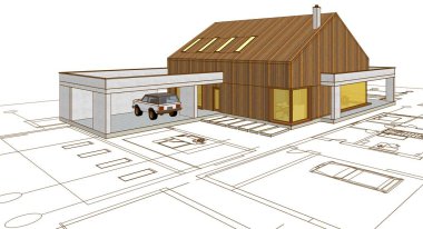 ev mimarisi projesi çizimi 3d illüstrasyon