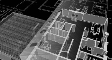 ev mimarisi projesi çizimi 3d illüstrasyon