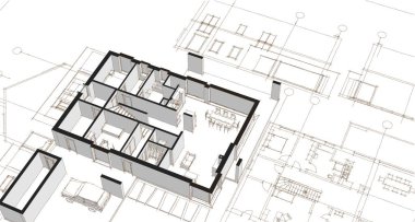 ev mimarisi projesi çizimi 3d illüstrasyon