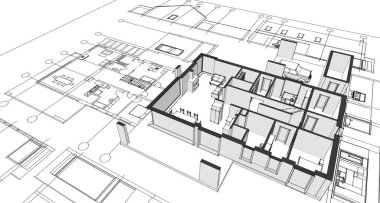 ev mimarisi projesi çizimi 3d illüstrasyon