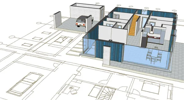 ev mimarisi projesi çizimi 3d illüstrasyon