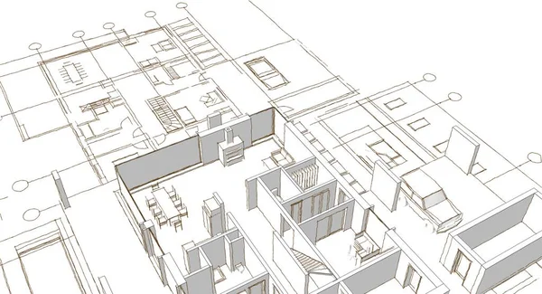 房屋建筑草图3D图解 — 图库照片