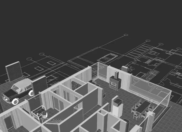 房屋建筑草图3D图解 — 图库照片