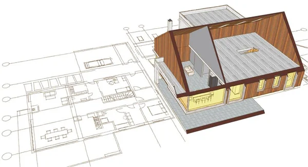 房屋建筑草图3D图解 — 图库照片