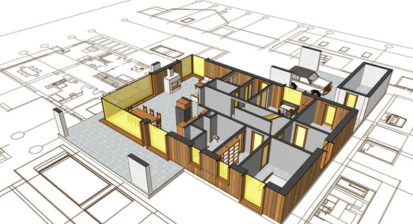 house architectural project sketch 3d illustration