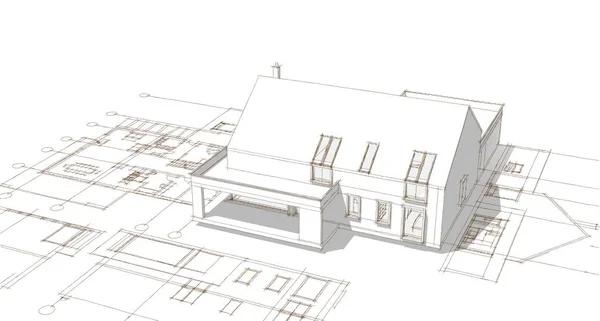 房屋建筑草图3D图解 — 图库照片